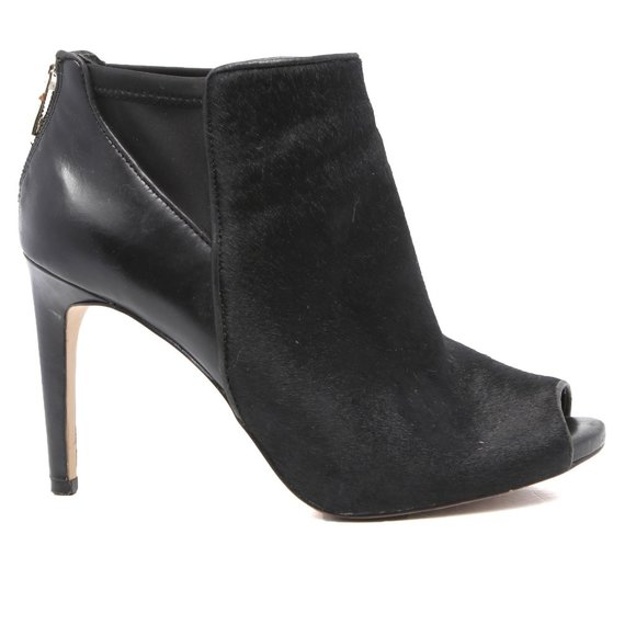 Ann Taylor Velleta Leather Calf Hair Ankle Boots Peeptoe Shoes Stiletto Heel 7M - Picture 2 of 10